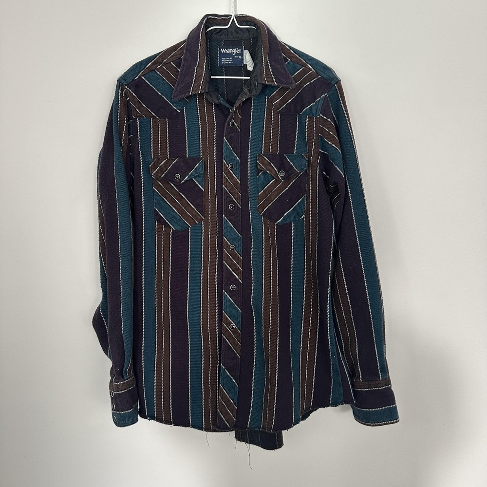 Wrangler Shirt Mens 16.5 36 Striped Thick Flannel Pearl Snap Cotton XLong‎ Tail